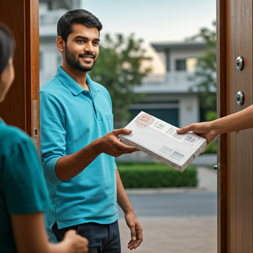 A friendly delivery person in professional Pulse Family Health uniform handing sealed medicinal package to customer at doorstep in Kondotty